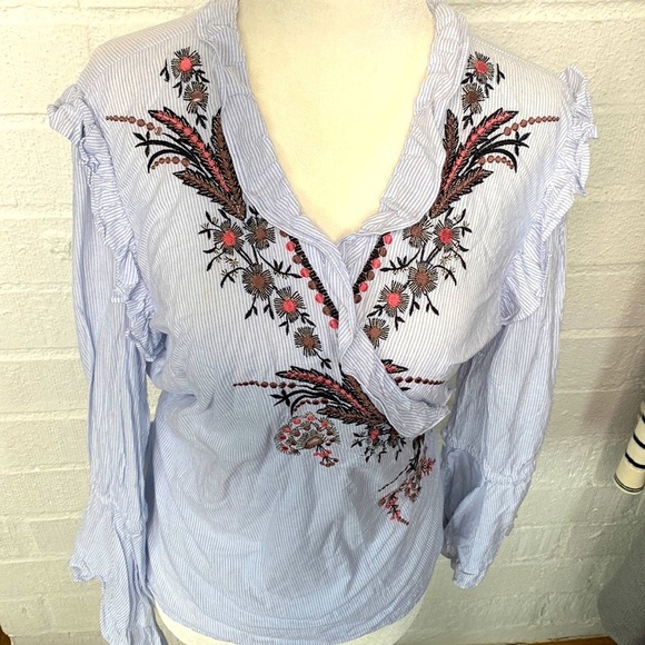 Zara Tops - Zara Embroidered Striped Cotton Bell Sleeve Wrap Blouse size Large